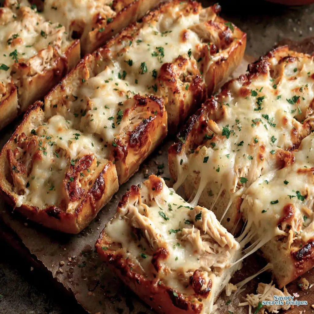 cheesy chicken garlic bread boats naan close up