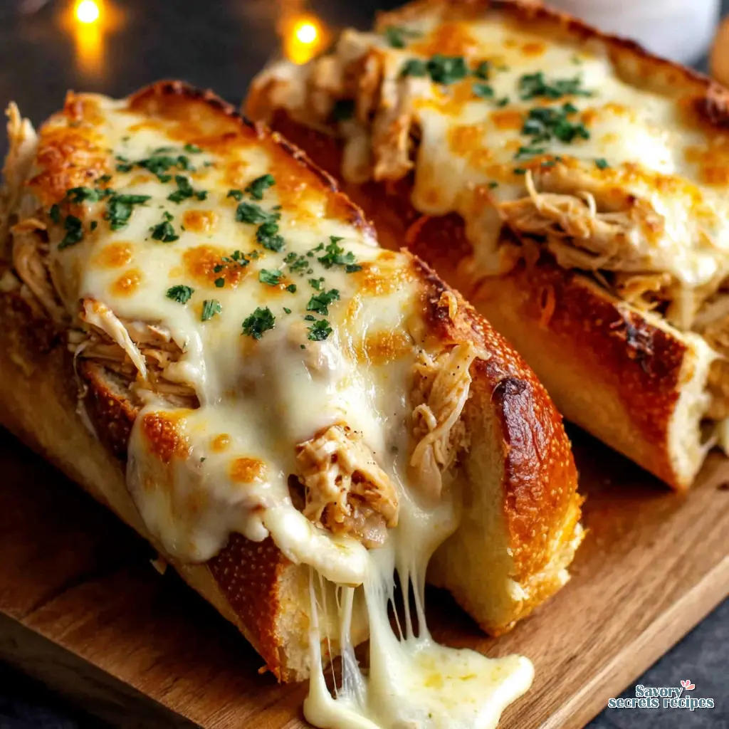cheesy chicken garlic bread boats sandwich close up