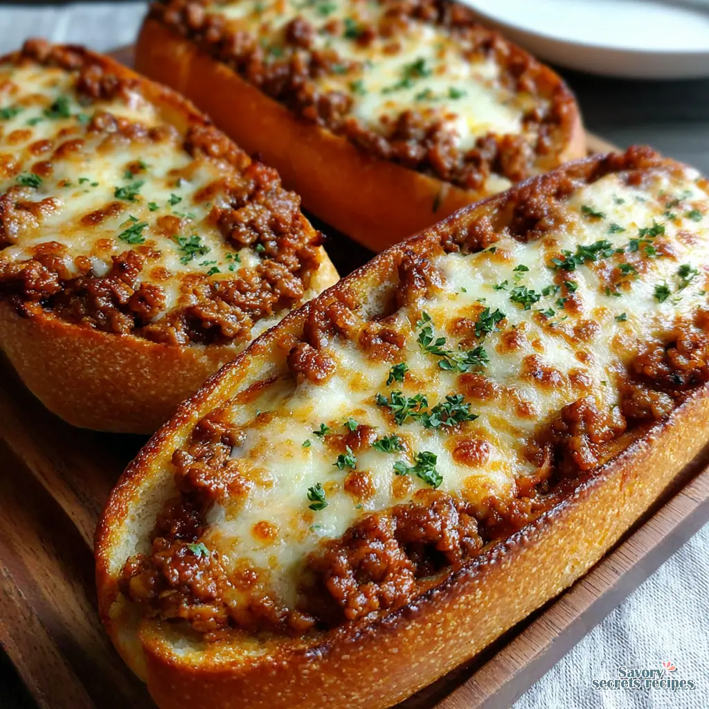 cheesy chicken garlic bread boats sloppy joe close up