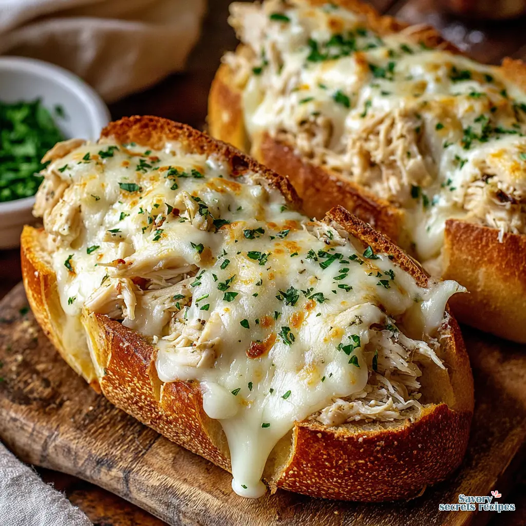 cheesy chicken garlic bread boats sourdough close up