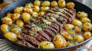 cheesy garlic butter steak and potato skillet 211323462
