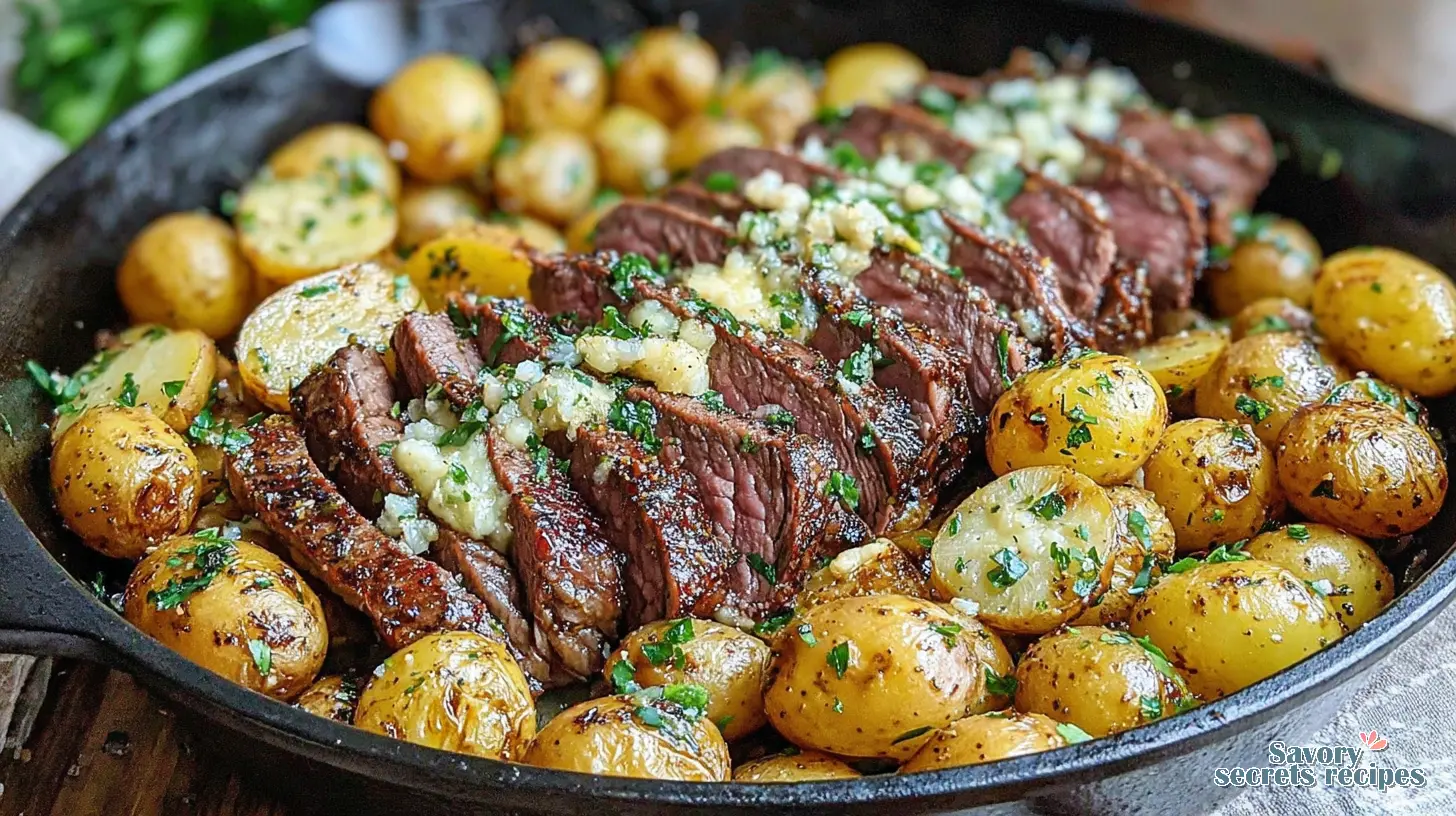 cheesy garlic butter steak and potato skillet final presentation