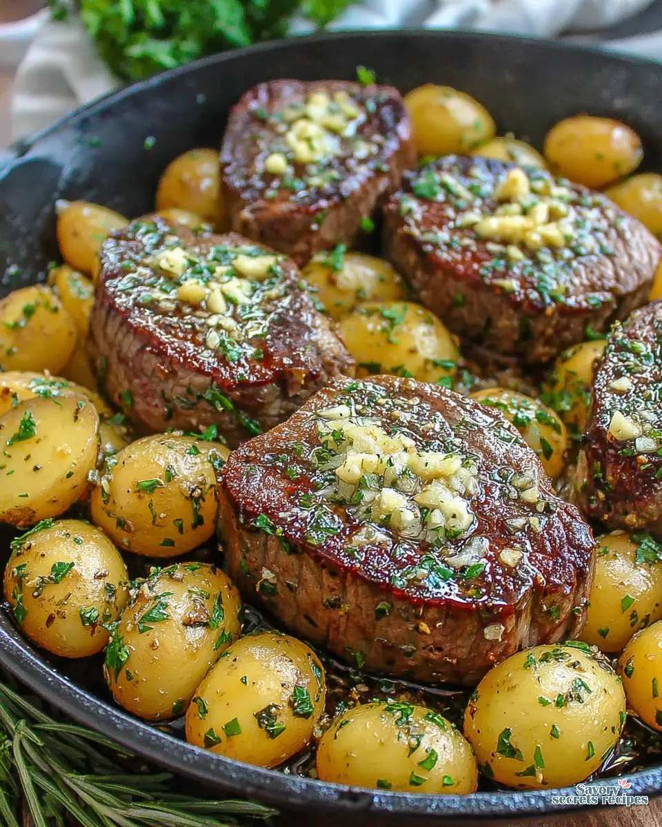 cheesy garlic butter steak and potato skillet close up