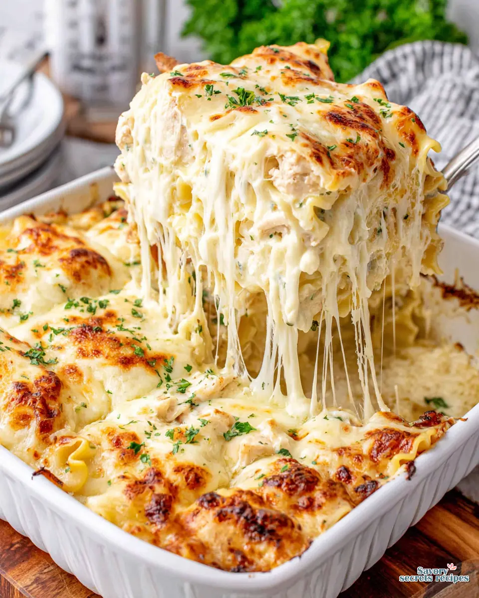 Chicken Alfredo Lasagna Roll Ups close up showing the creamy filling