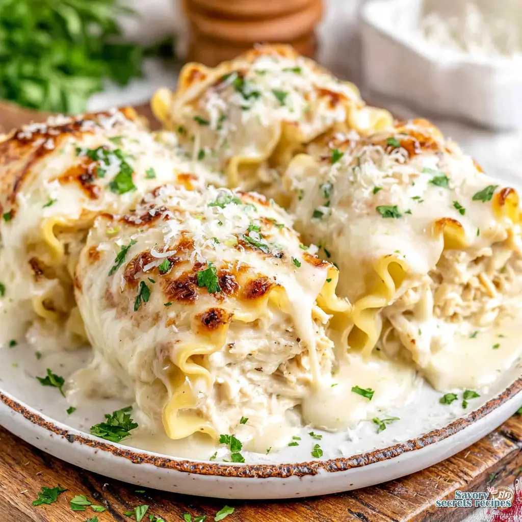 Chicken Alfredo Lasagna Roll Ups served on a plate with a side salad