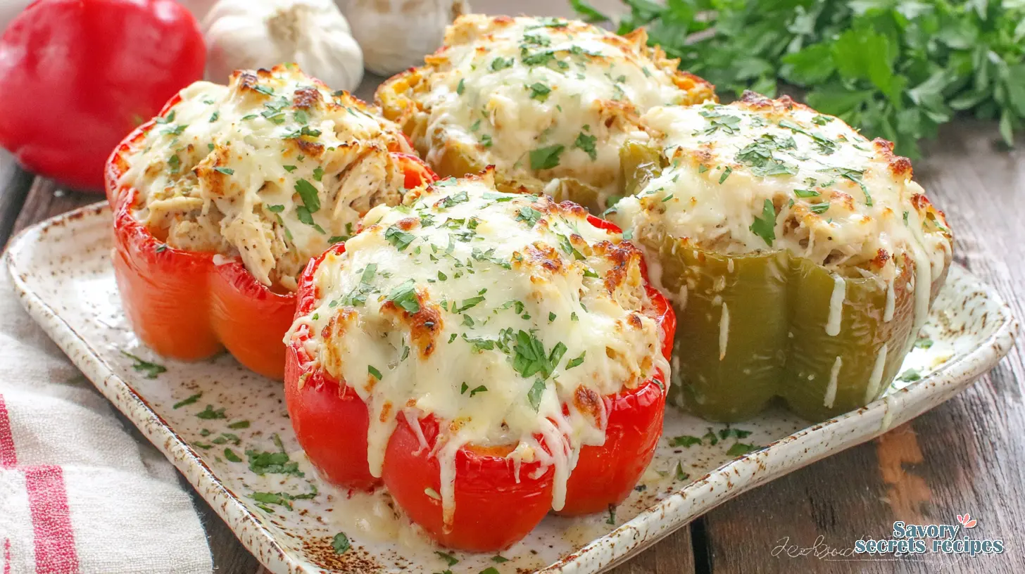 Chicken Alfredo Stuffed Peppers final presentation on a table