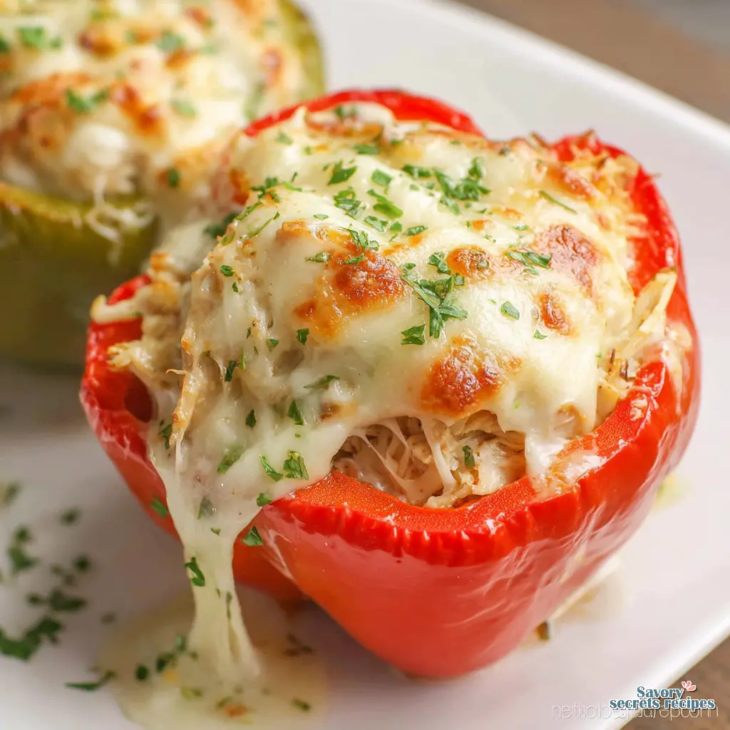 Chicken Alfredo Stuffed Peppers close up, showing creamy filling