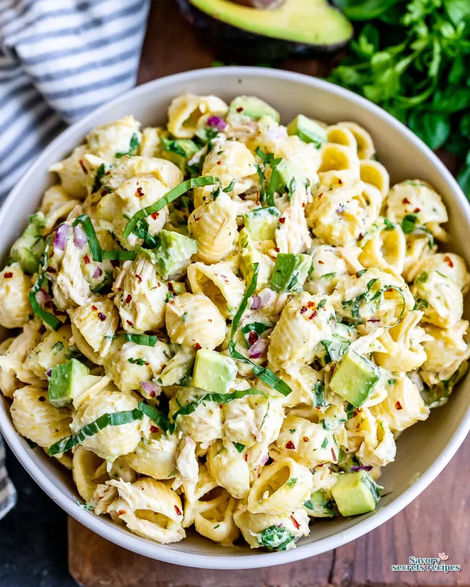 Chicken Avocado Pasta Salad close up