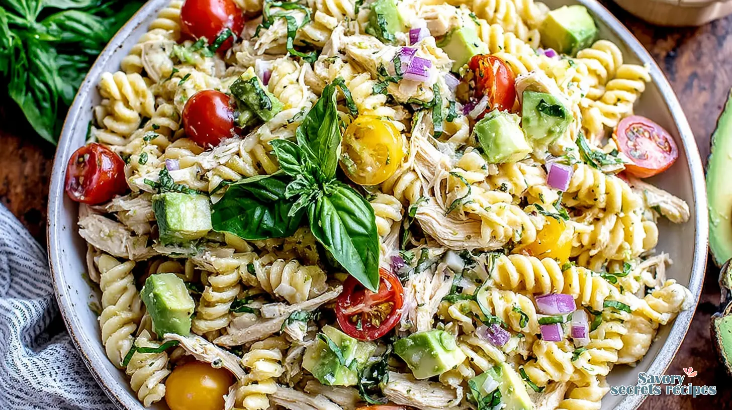 Chicken Avocado Pasta Salad final presentation