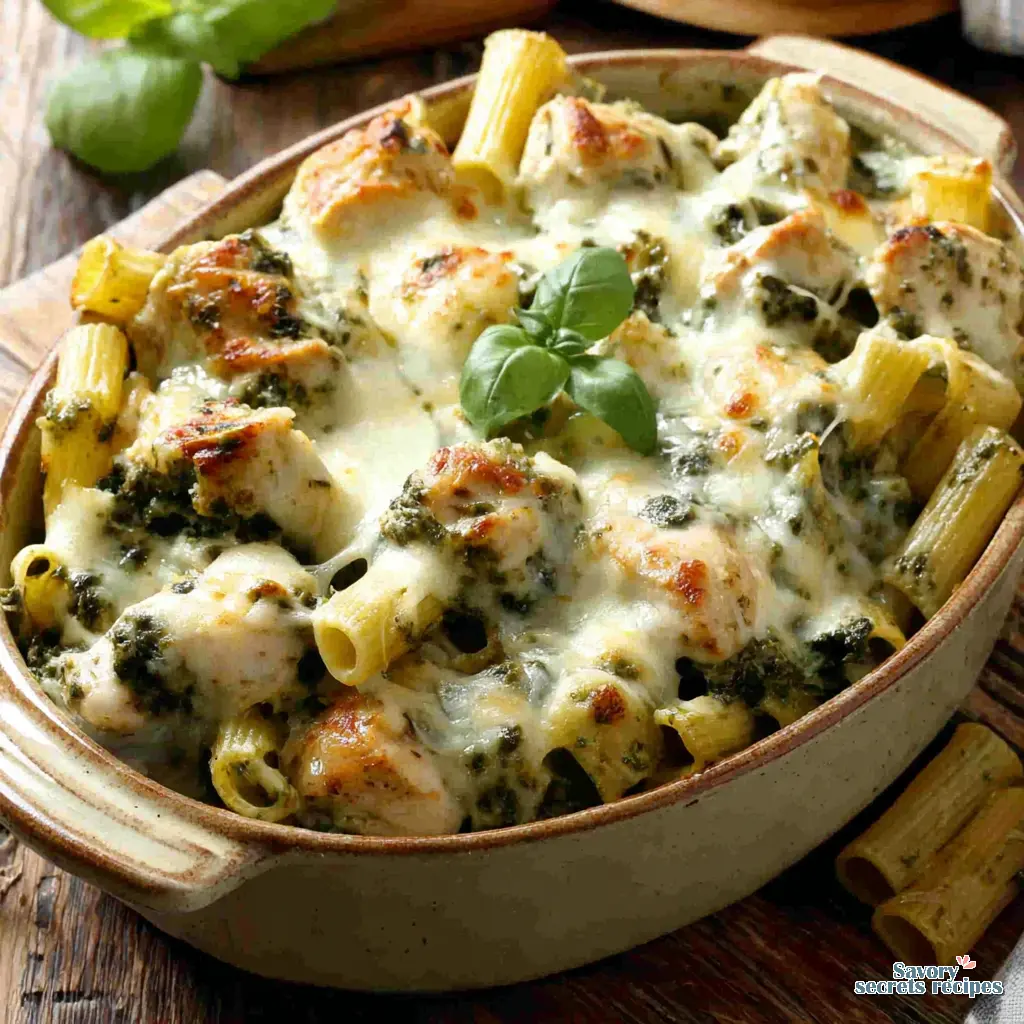 Chicken Pesto Pasta Bake served at a family table