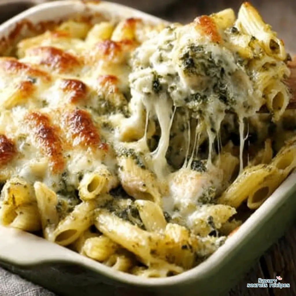 Chicken Pesto Pasta Bake close up showing creamy sauce and cheese