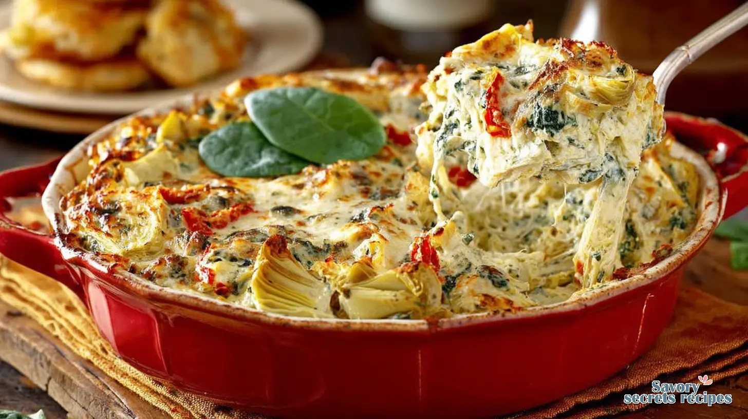 Chicken Spinach Artichoke Bake served on a plate