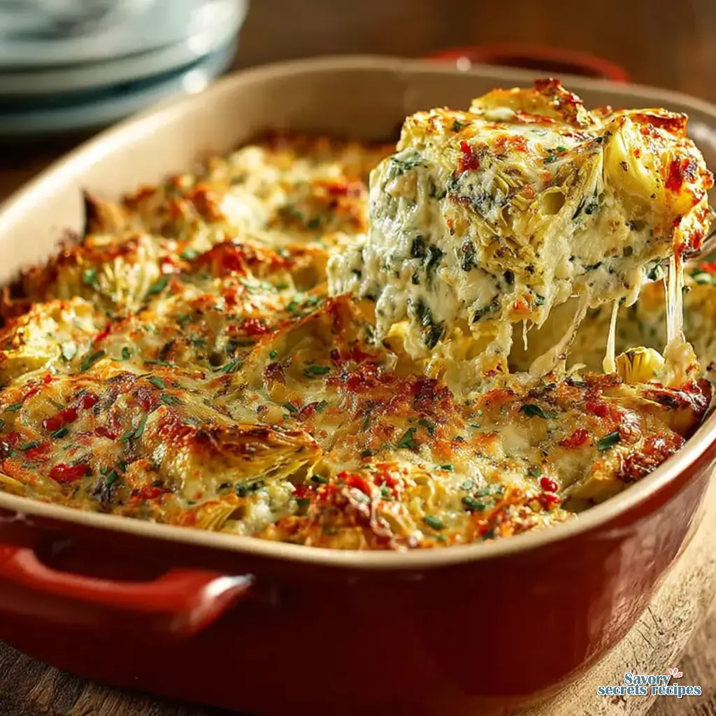 Close up of mixing the creamy spinach artichoke sauce