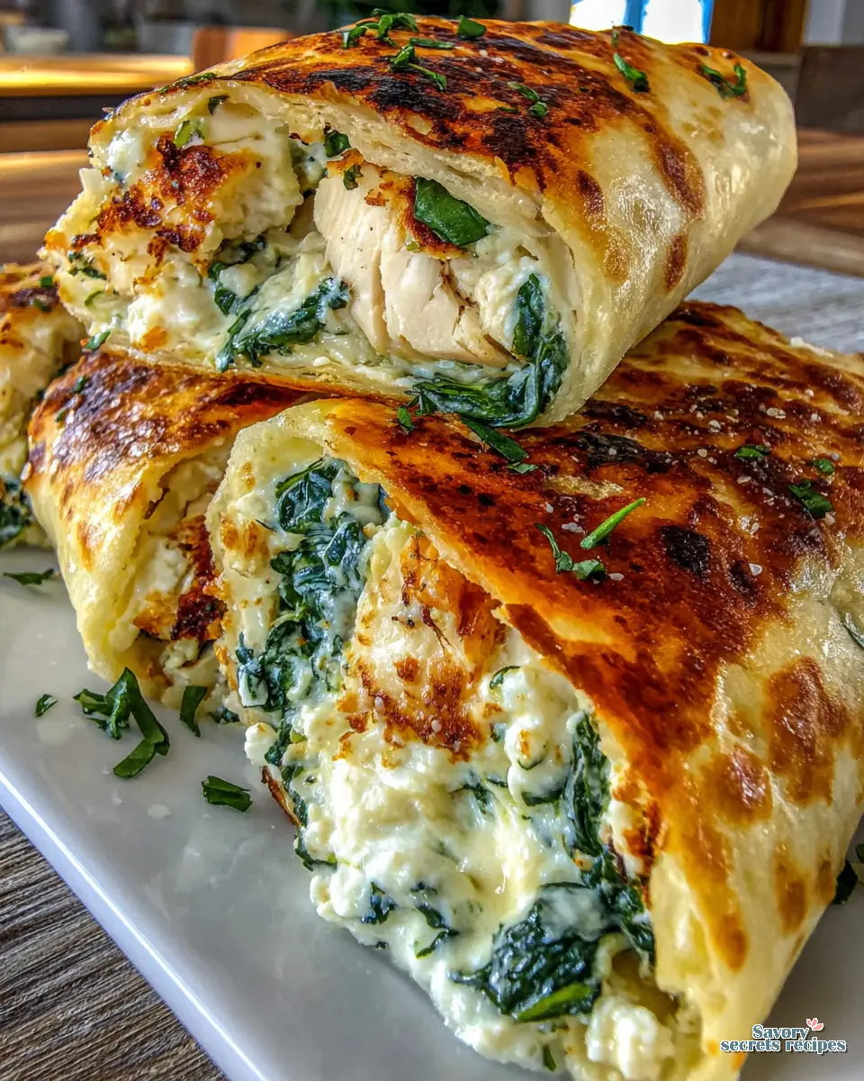 Chicken Spinach Feta Wrap close up showing filling