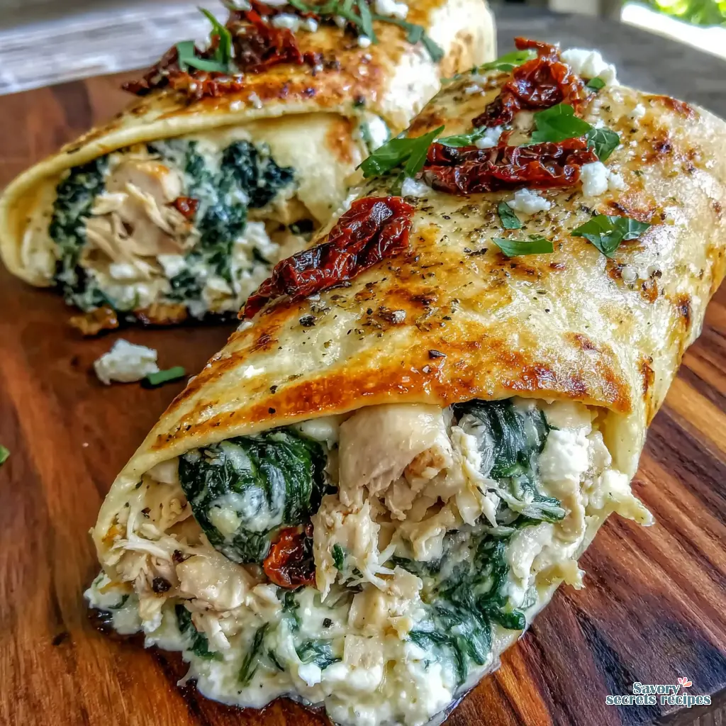 Chicken Spinach Feta Wrap final presentation on a board