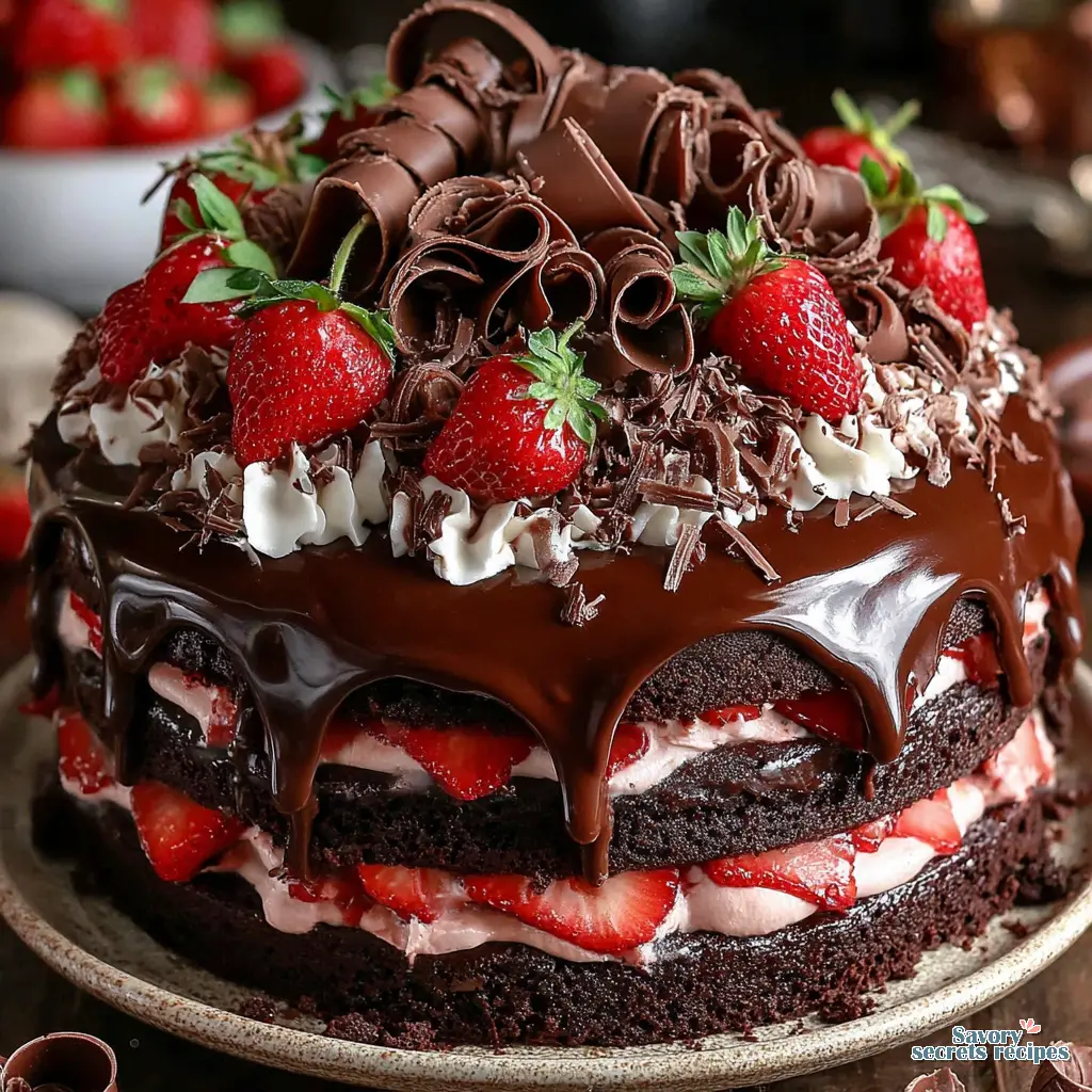 Chocolate Strawberry Drip Cake sliced and served