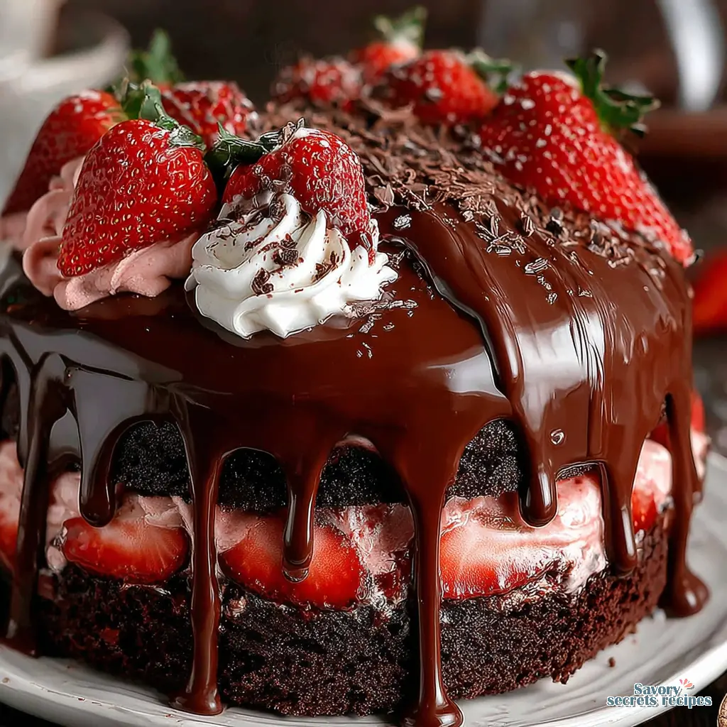 Close up of chocolate cake layers with strawberry filling