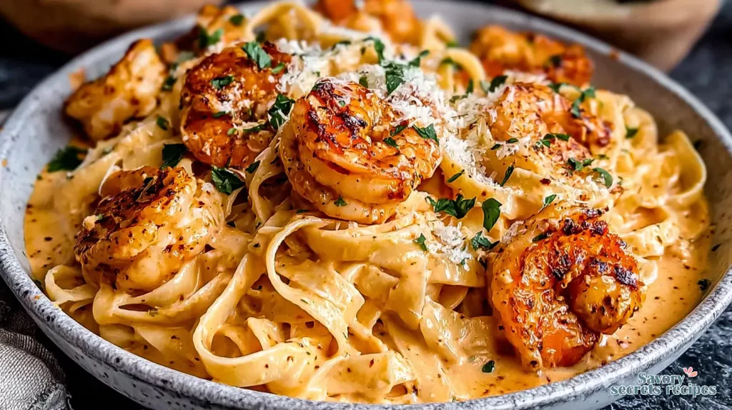 creamy cajun shrimp pasta 470514825