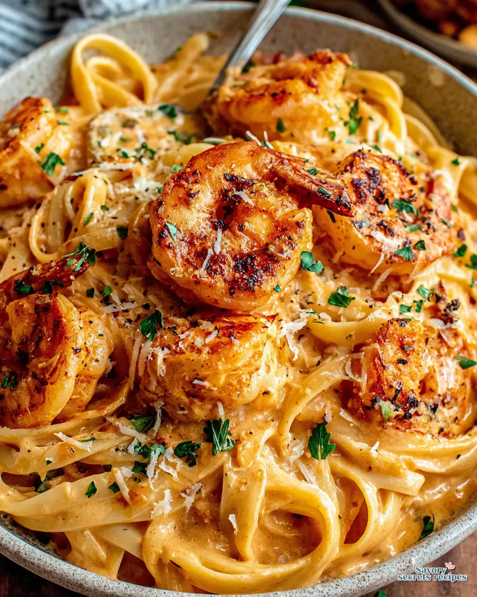 Creamy Cajun Shrimp Pasta close up showing sauce and shrimp