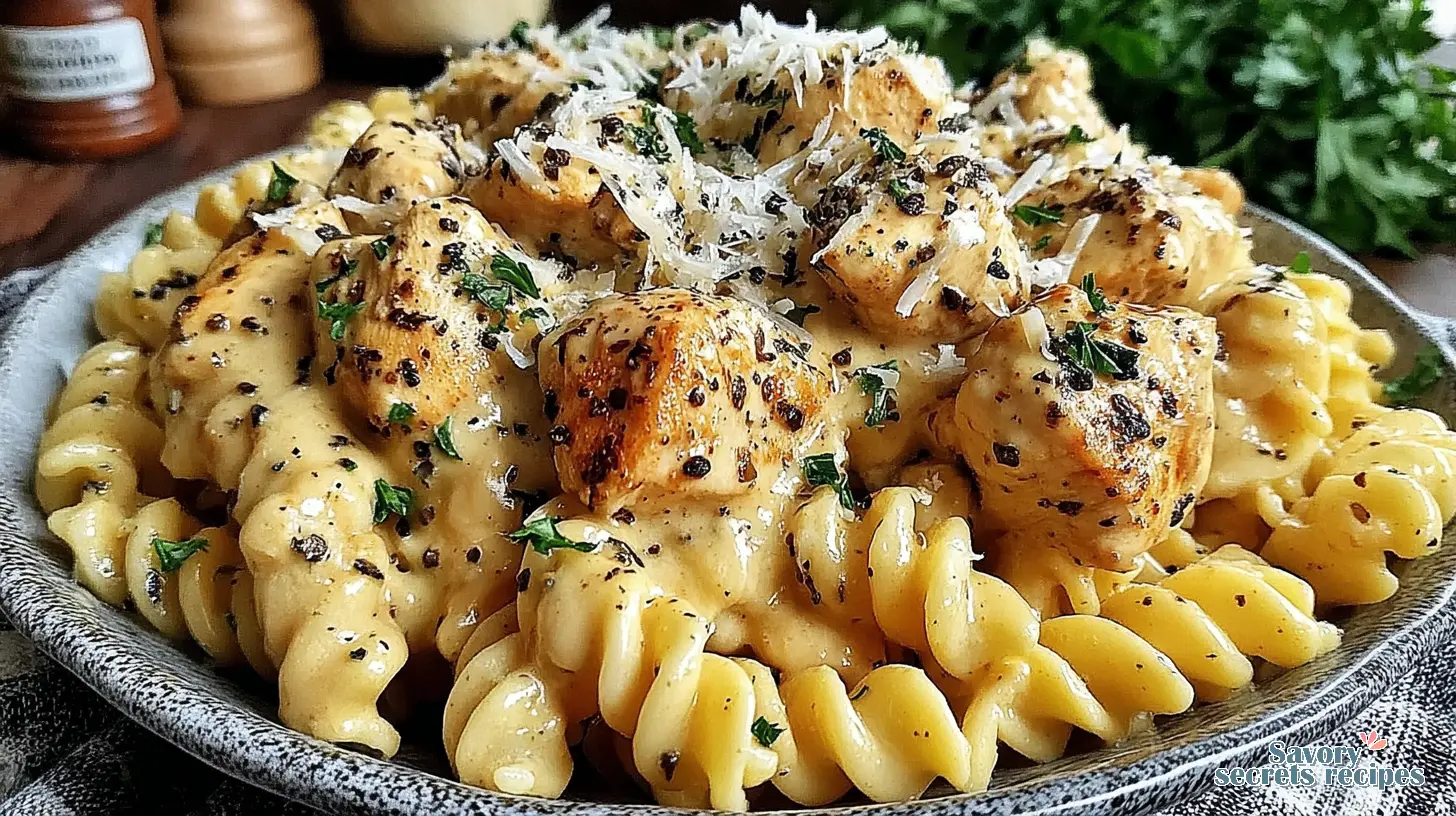 Creamy Garlic Butter Pasta plated with garnish