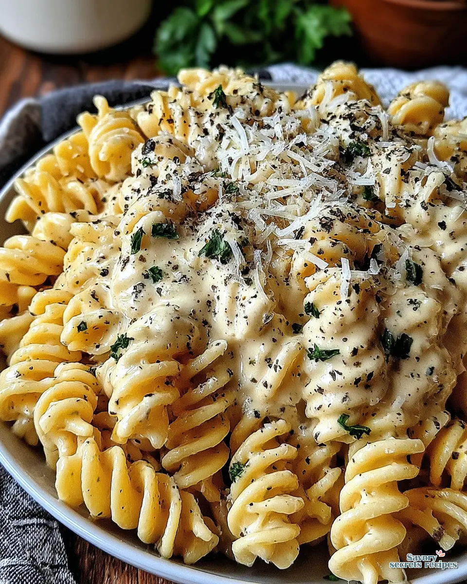 Close up of creamy sauce coating pasta