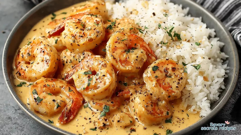 creamy garlic butter shrimp and rice 298177340