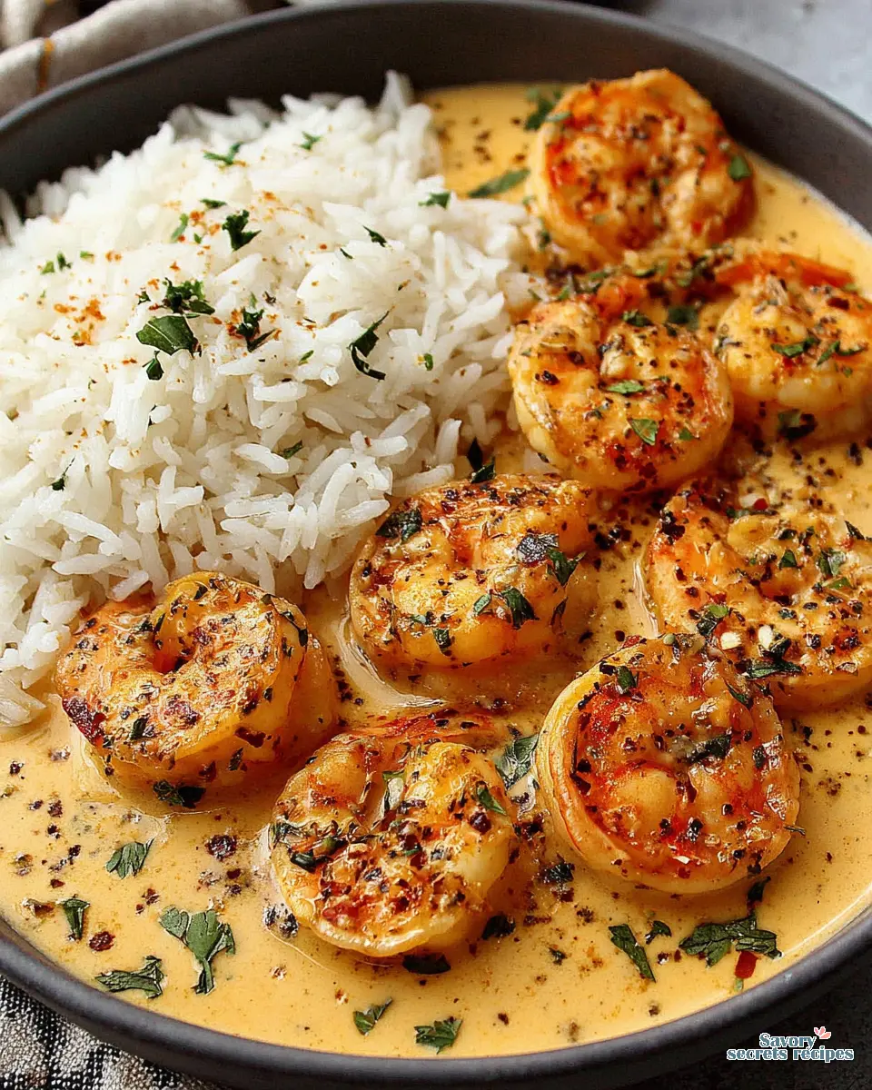 creamy garlic butter shrimp and rice close up