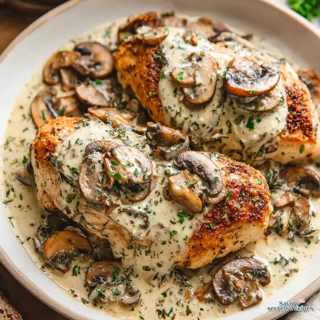 Creamy Garlic Mushroom Chicken served over pasta