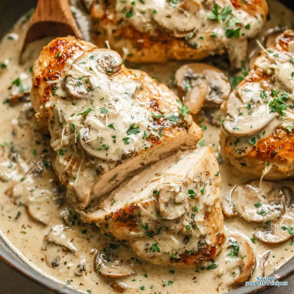 Slicing chicken and mushrooms for Creamy Garlic Mushroom Chicken