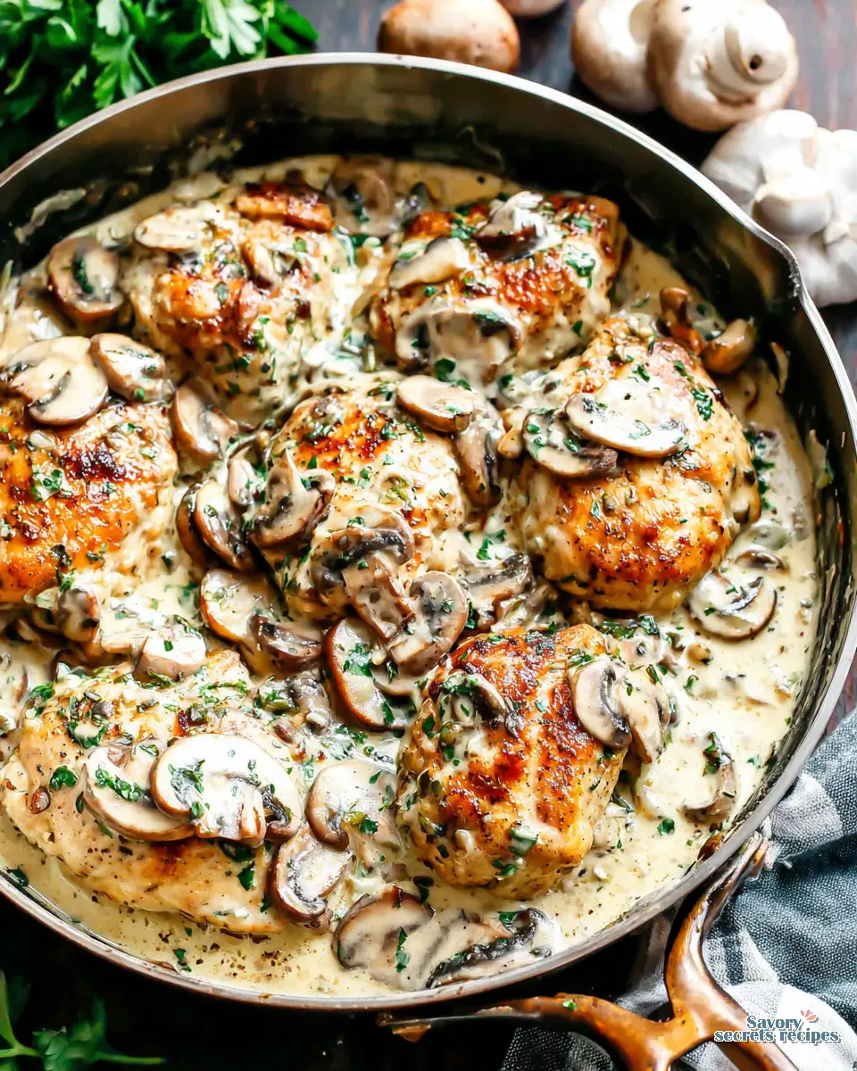 creamy garlic mushroom chicken bake close up