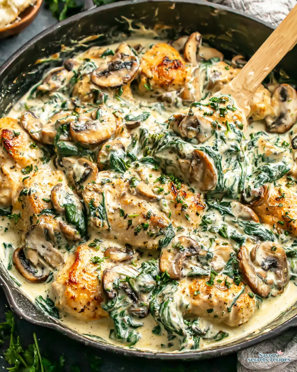 creamy garlic mushroom chicken florentine close up