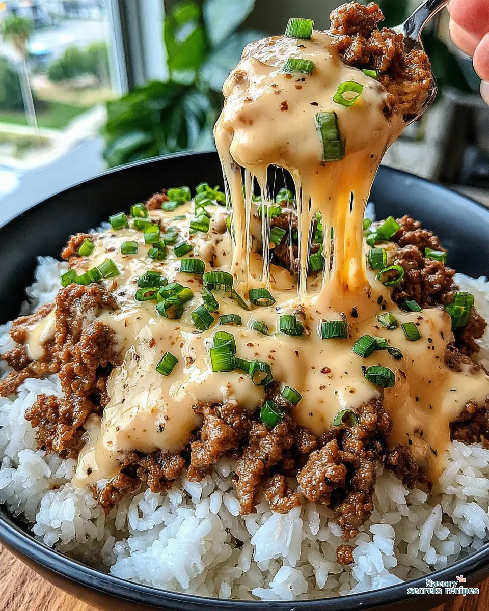 creamy honey garlic beef rice bowl with cheddar parmesan sauce close up
