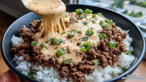 creamy honey garlic beef rice bowl with cheddar parmesan sauce 919964839