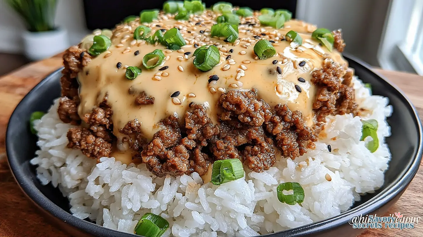 creamy honey garlic beef rice bowl with cheddar parmesan sauce final presentation