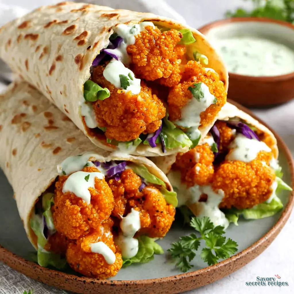 crispy buffalo cauliflower wrap close up