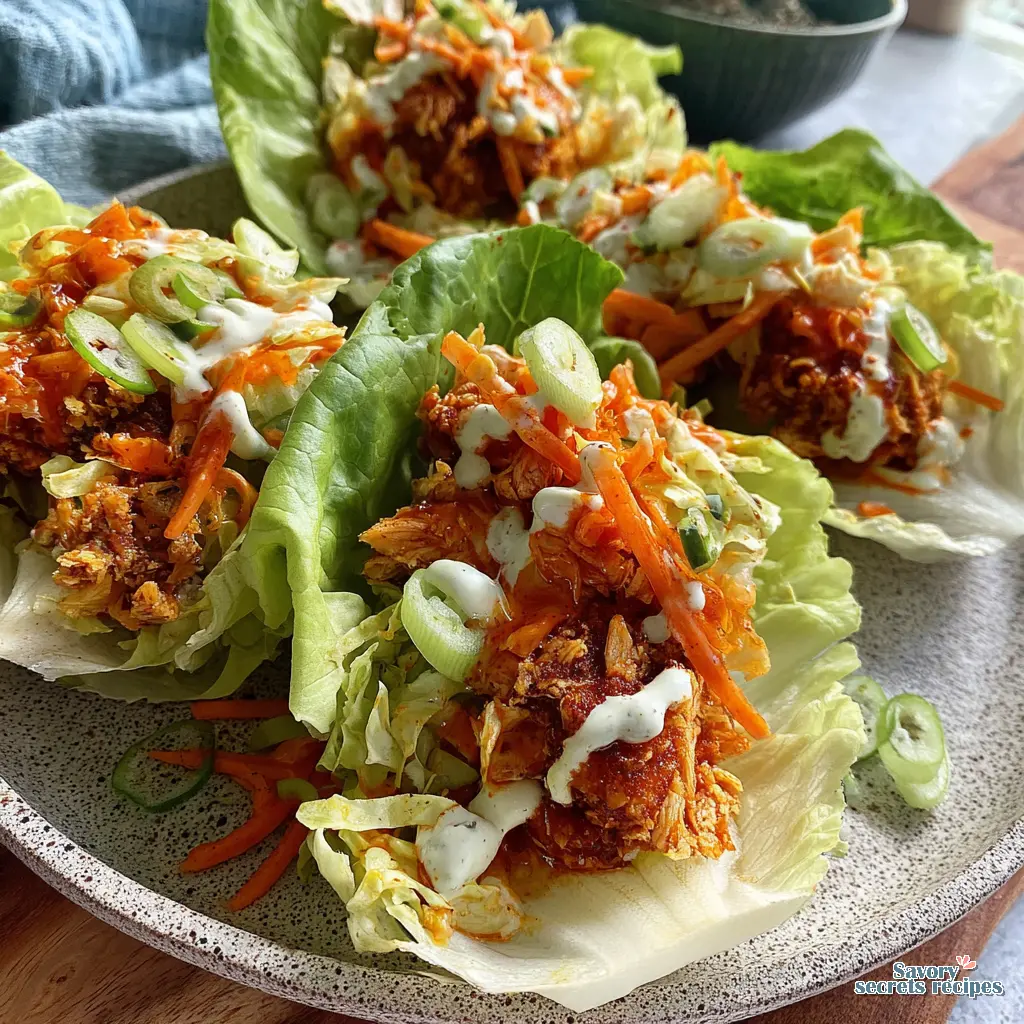 crispy buffalo chicken lettuce wraps close up