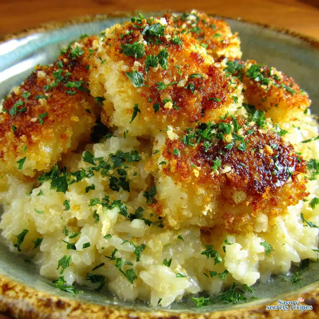 crispy chicken bites with garlic parmesan rice close up