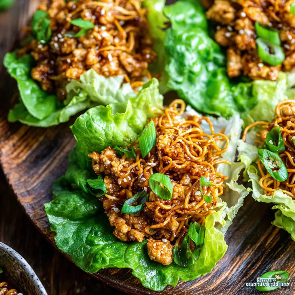 crispy chicken lettuce wraps with crispy noodles close up
