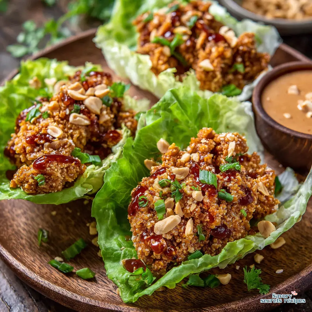 crispy chicken lettuce wraps with peanut sauce close up