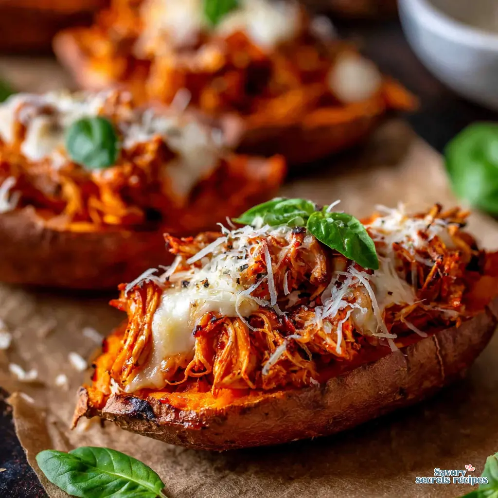 Crispy Chicken Stuffed Sweet Potatoes close up showing cheesy filling