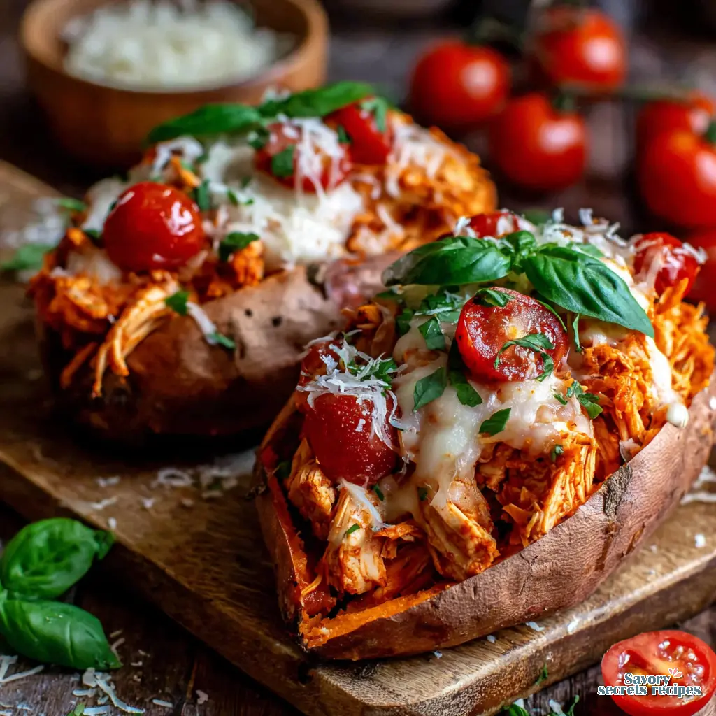 Crispy Chicken Stuffed Sweet Potatoes final presentation on a plate