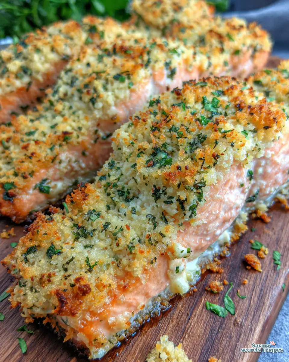 crispy garlic parmesan crusted salmon close up