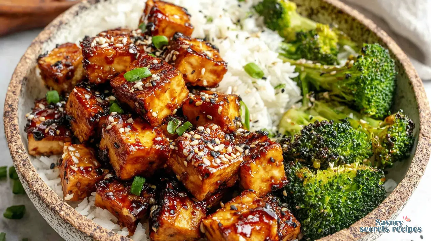 Crispy Honey Garlic Tofu Bowl final presentation