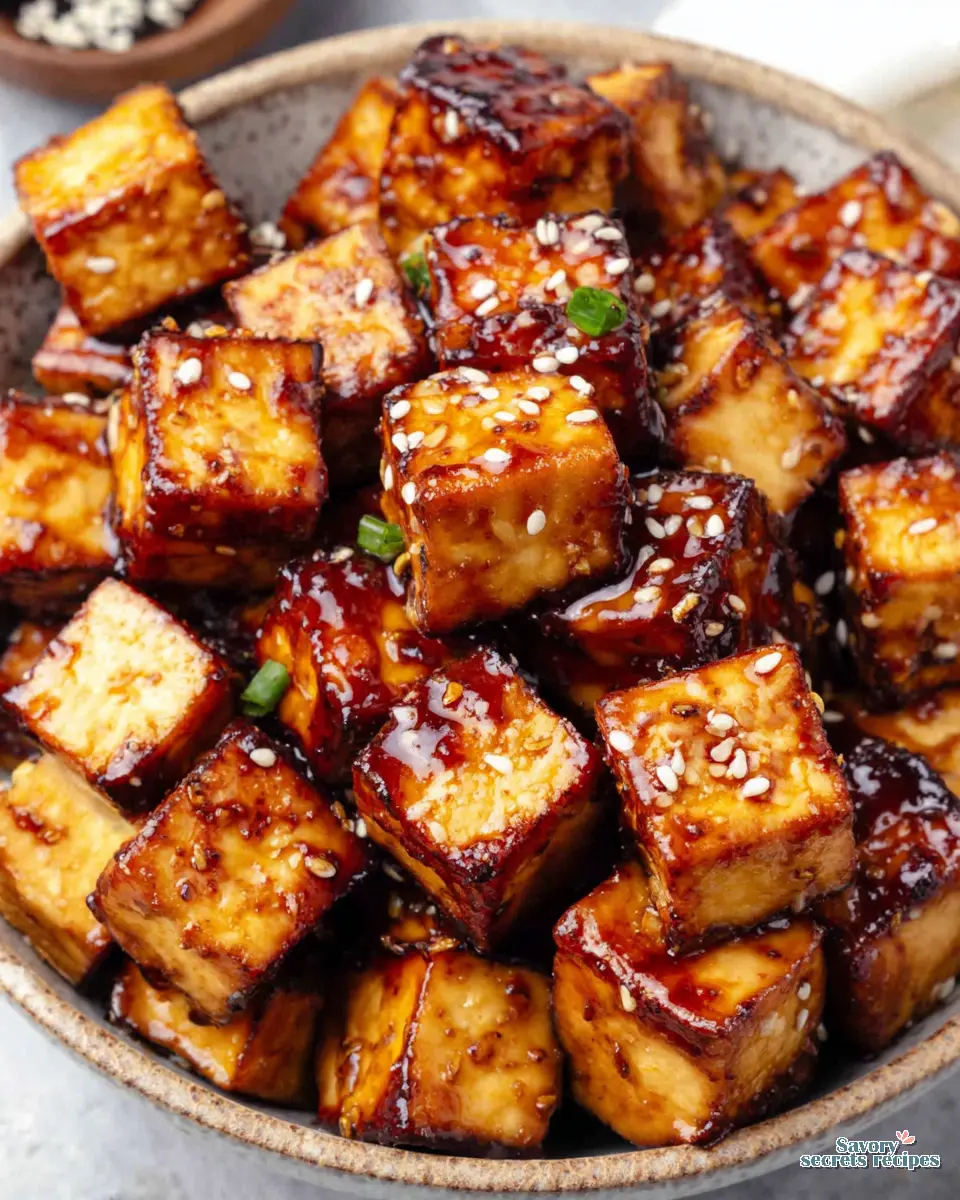 Crispy tofu cubes coated in cornstarch