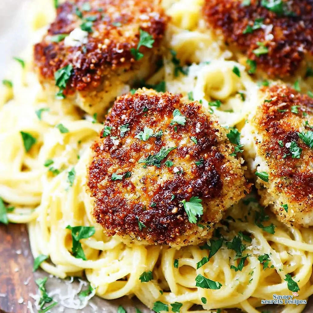 chicken bites and creamy spaghetti recipe close up