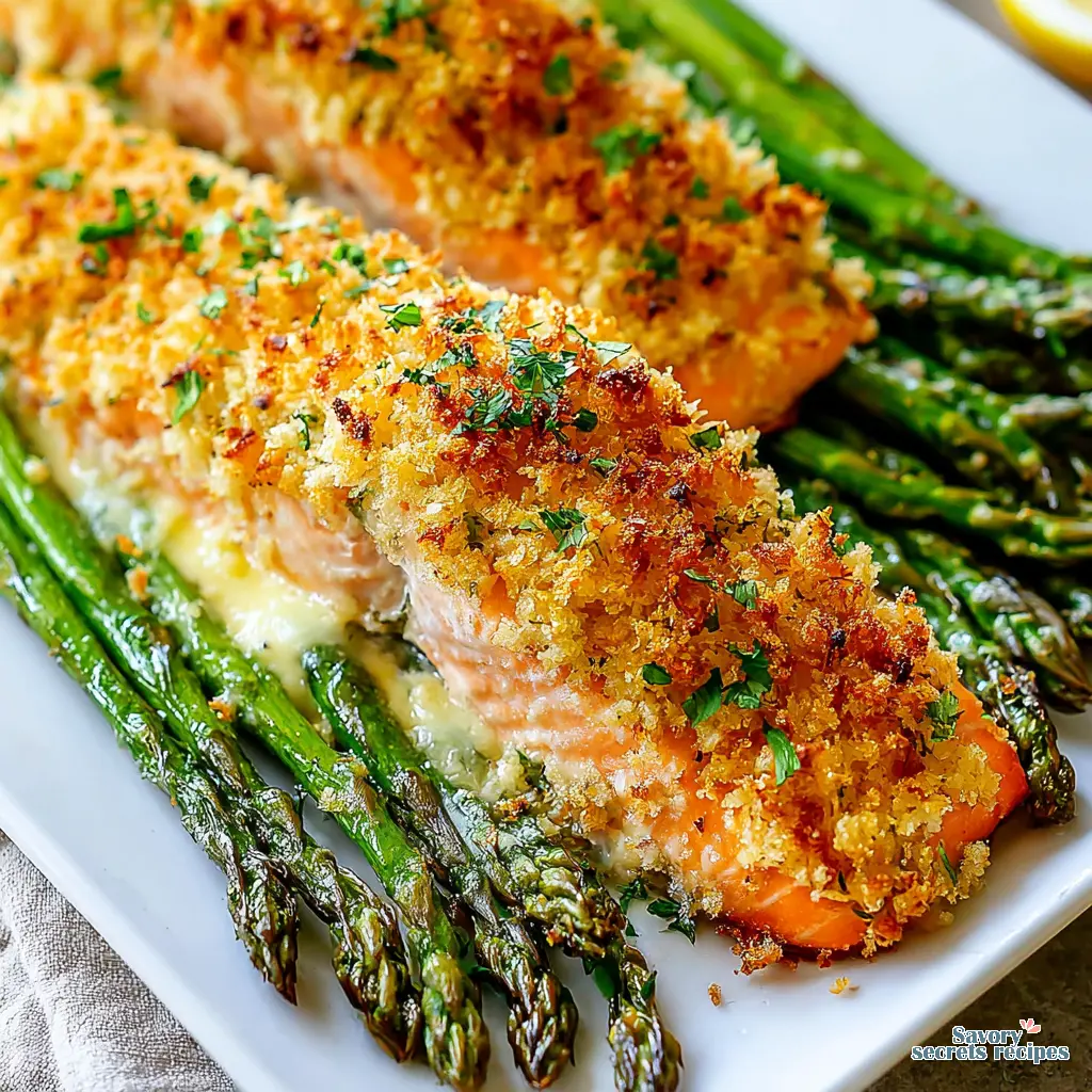 crispy parmesan crusted salmon and asparagus close up