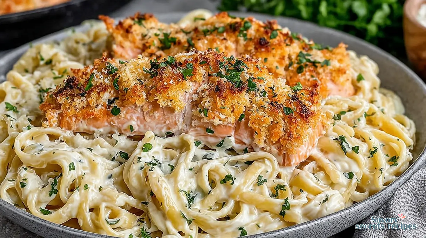 crispy parmesan crusted salmon pasta 165090225