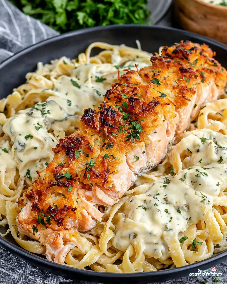 crispy parmesan crusted salmon pasta close up