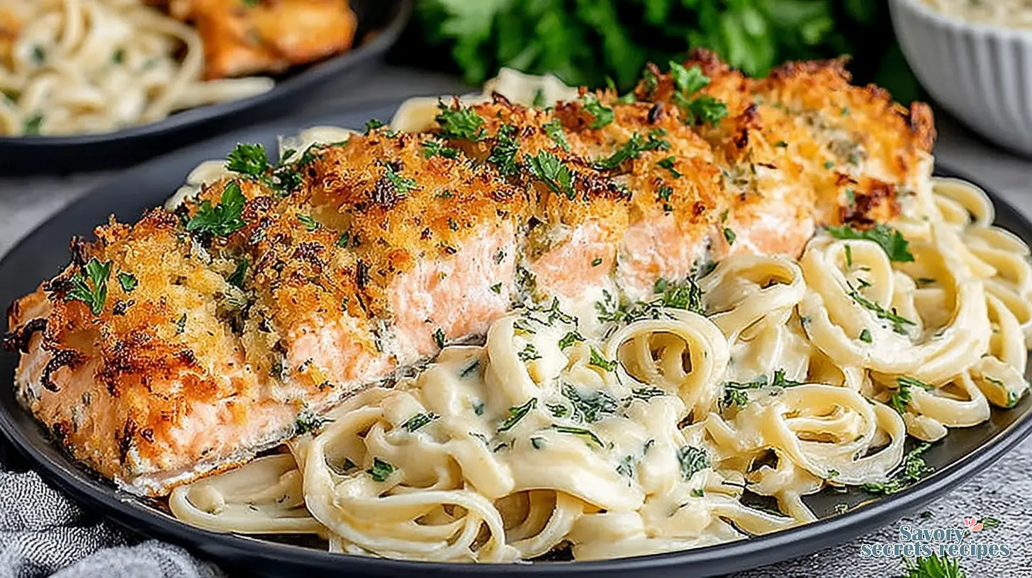 crispy parmesan crusted salmon pasta final presentation