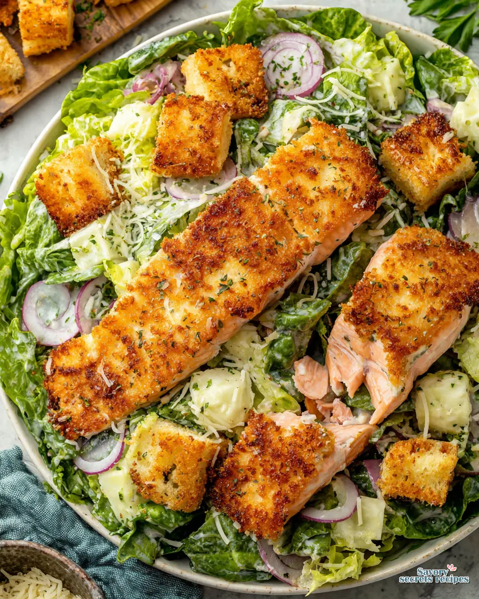 crispy parmesan crusted salmon salad close up